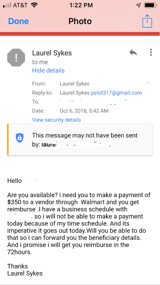 Fraudulent email requesting a financial transaction